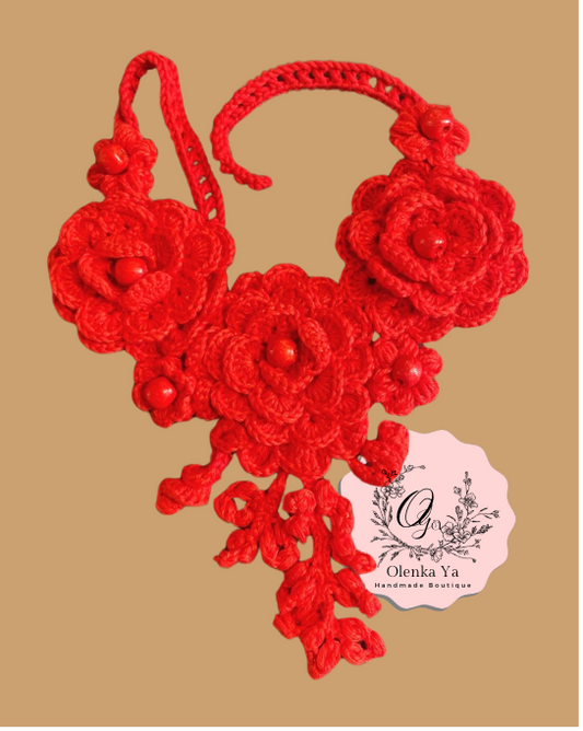 Red Crochet Floral Unique Necklace – One of a Kind Handmade Fiber Jewelry