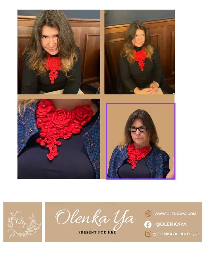 Red Crochet Floral Unique Necklace – One of a Kind Handmade Fiber Jewelry
