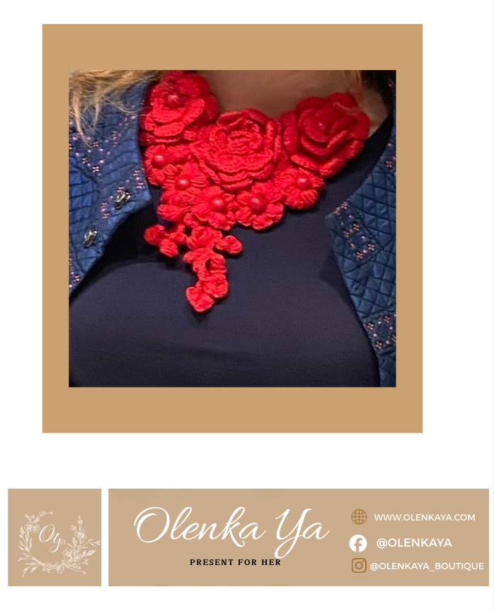 Red Crochet Floral Unique Necklace – One of a Kind Handmade Fiber Jewelry
