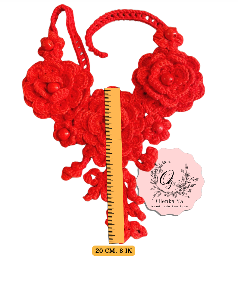 Red Crochet Floral Unique Necklace – One of a Kind Handmade Fiber Jewelry